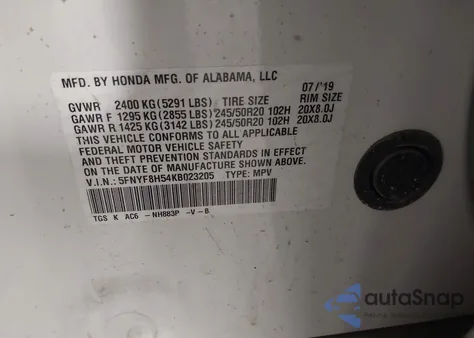 2019 Honda Passport Ex-L z USA, uszkodzony, nr VIN 5FNYF8H54KB023205